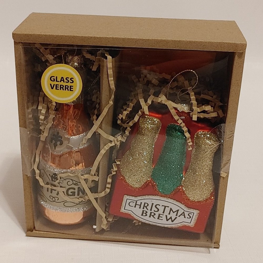 Holiday Wine and Beer Bottle Glass Ornaments NIP 2 pack